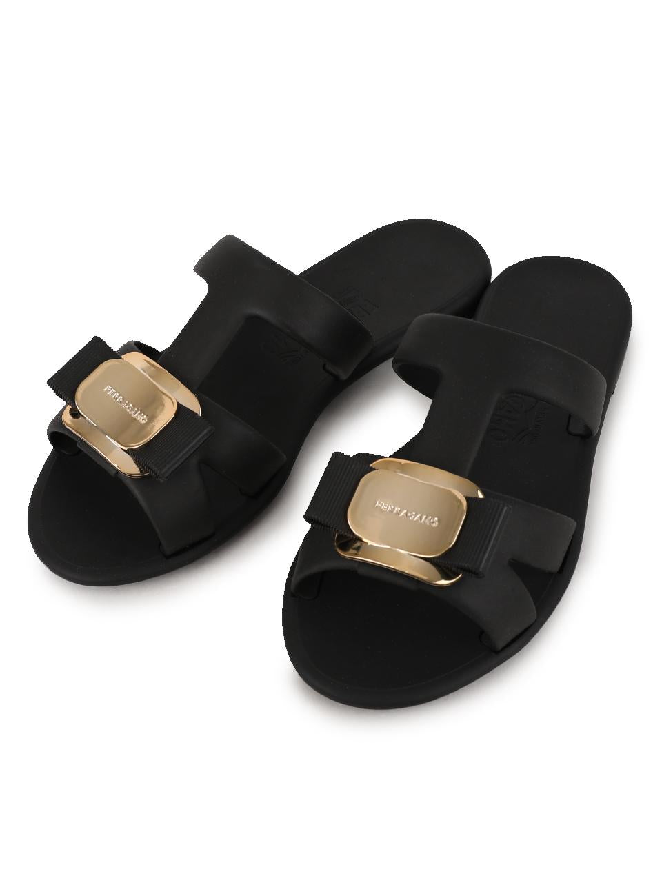Ferragamo New Vara Plate Strap Slide Sandals Black LILOU 5 BK 779972