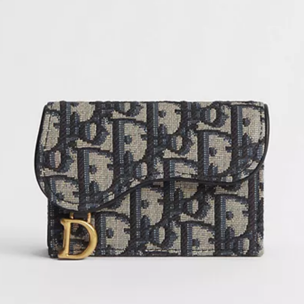 DIOR Oblique Saddle Card Holder Navy Gray Leather Unisex