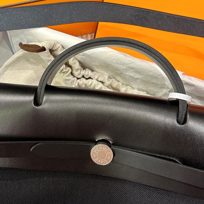 HERMES Black Canvas Shoulder Tote Messenger Bag Silver Hardware