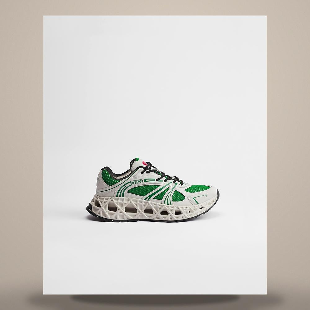 DIOR White Suede Calfskin and Green Mesh Low-Top Sneakers 3SN323AAY H007
