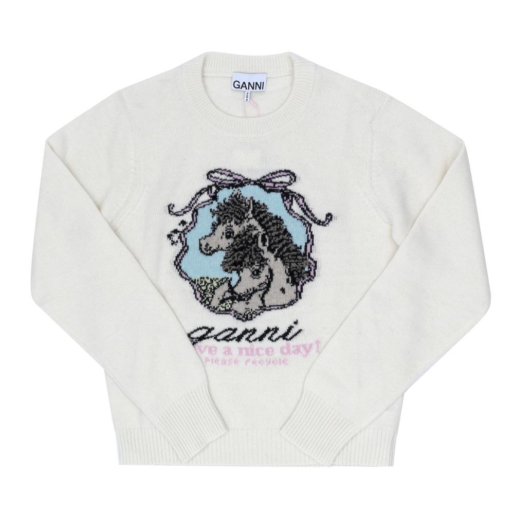 GANNI Pony Logo Wool Blend Crewneck Sweater Women Ivory