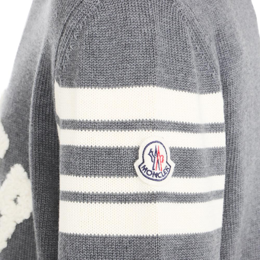 Moncler Gray Bouclé Lettering Logo Patch Crewneck Knit Sweater 9C00009 M1367 930