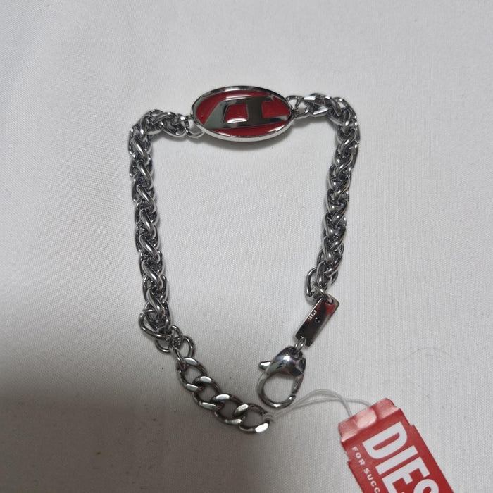DIESEL Red Enamel Stainless Steel Chain Bracelet Silver