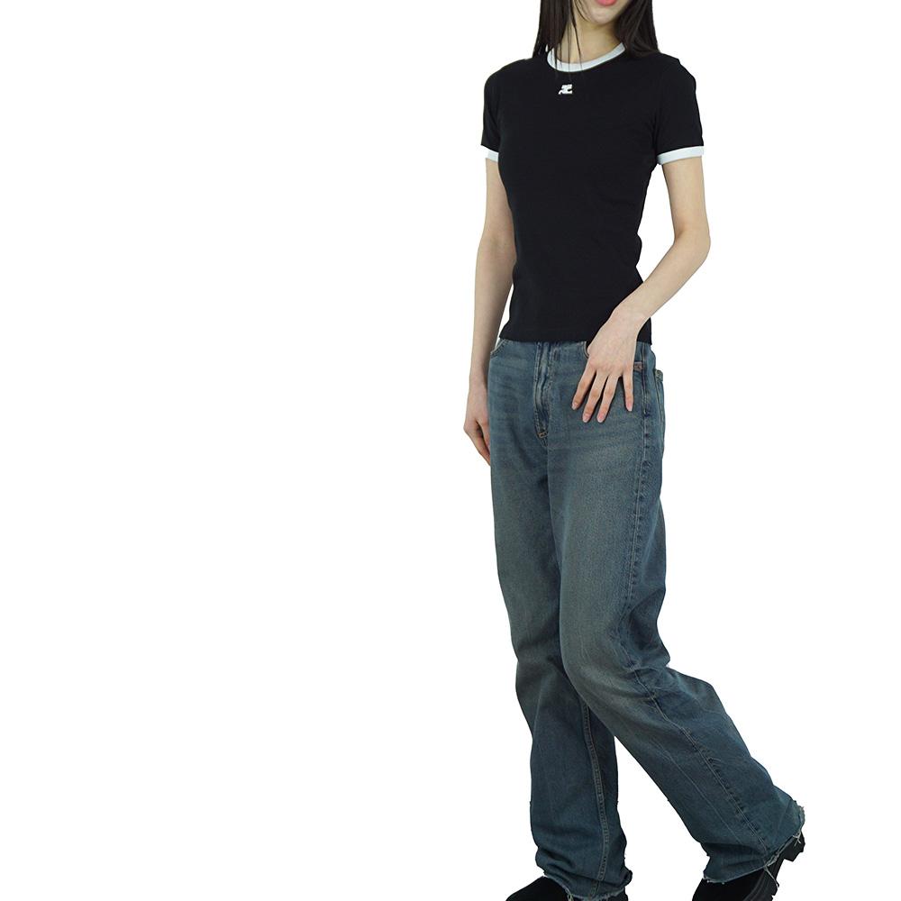 courreges Reedition Black Contrast Short Sleeve Women's T-S VESJTS017JS0070 9901
