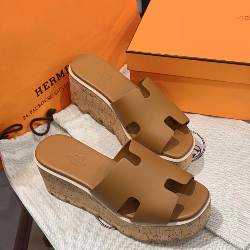 HERMES Brown Calfskin Oasis 30 Wedge Heel Shoes