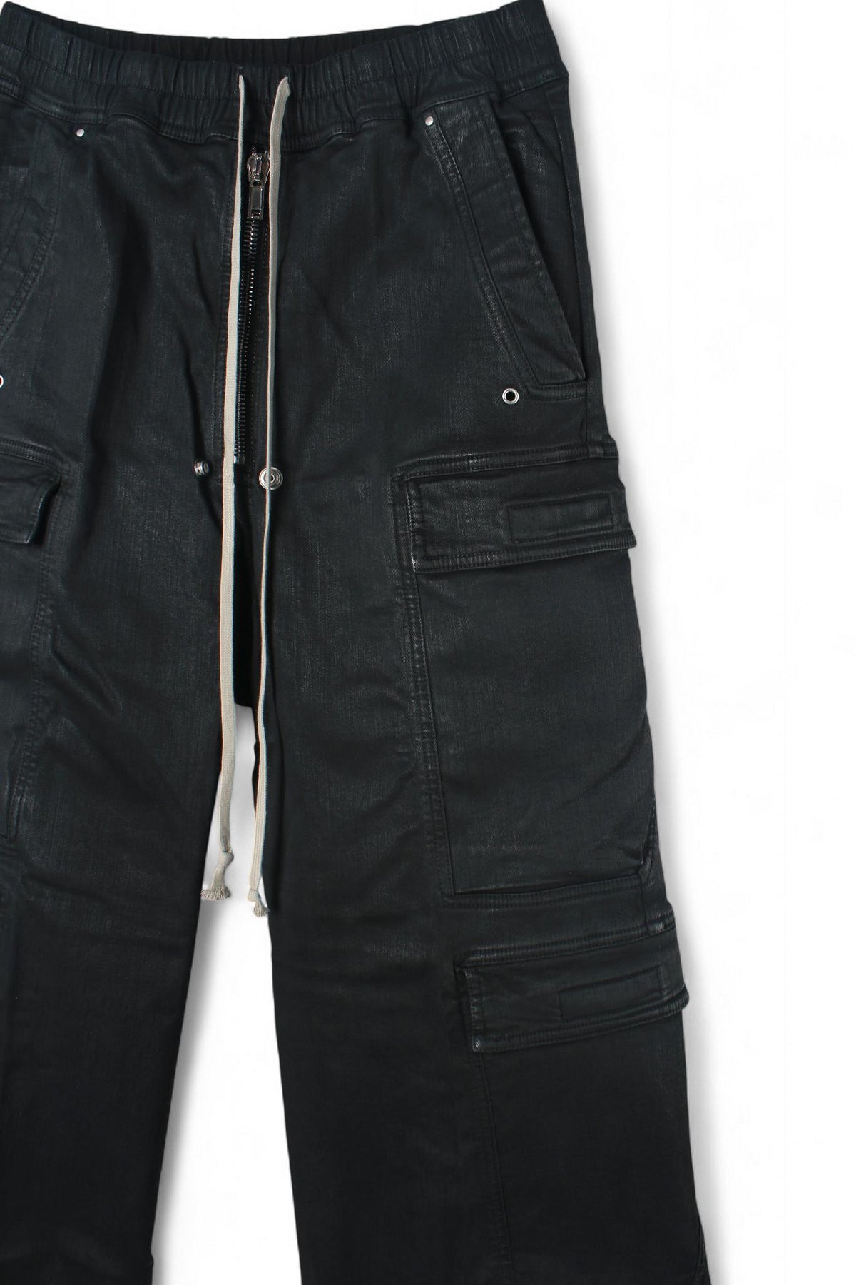 Rick Owens DRKSHDW Black Wax Stretch Denim Double Cargo Jumbo Belas Pants