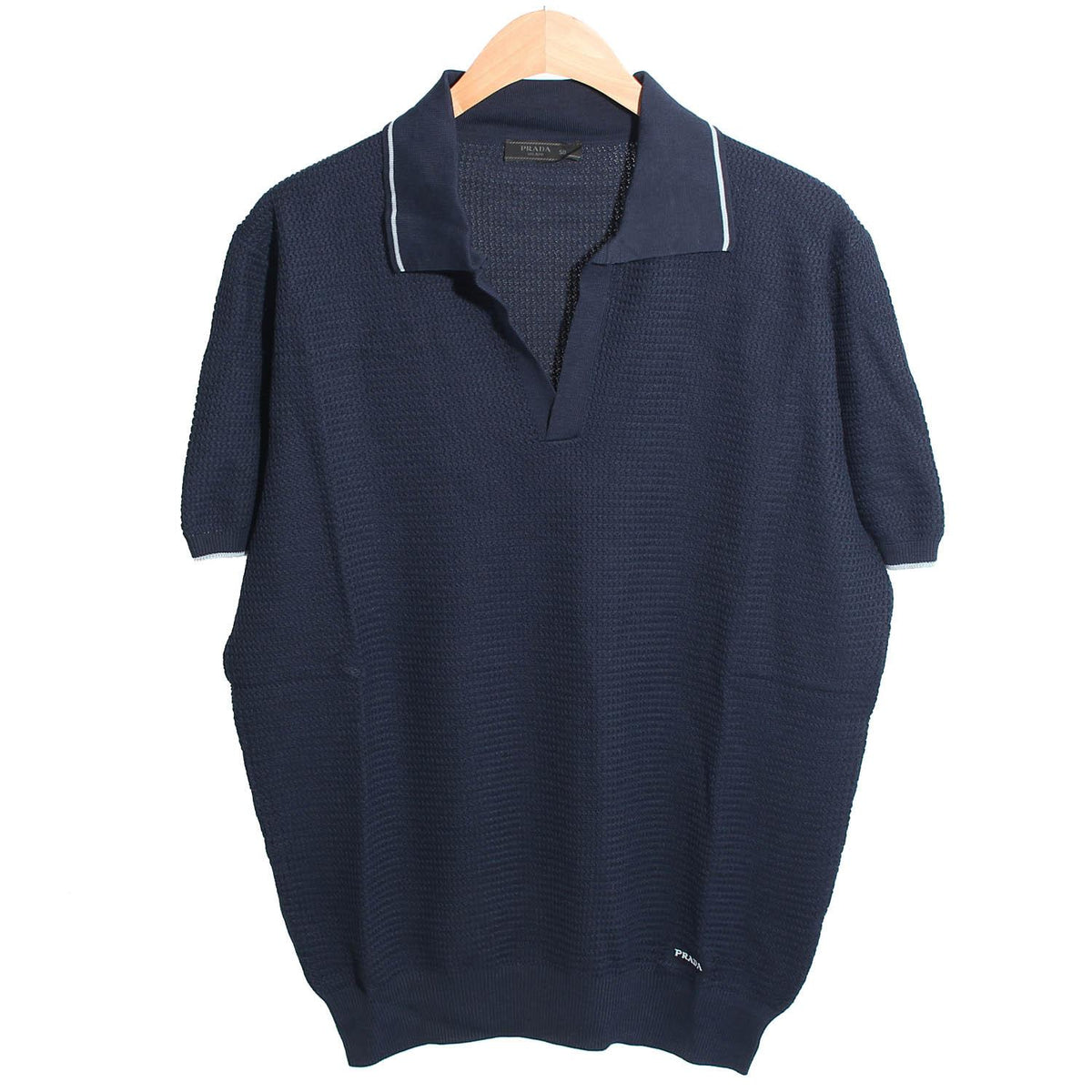 PRADA Navy Silk Cotton Knit Polo Shirt with Embroidered Logo