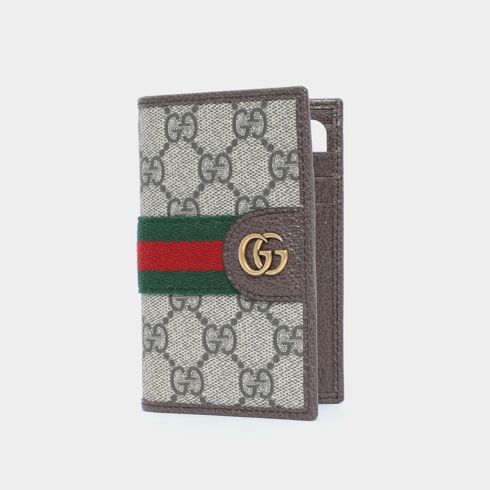 GUCCI Ophidia GG Logo Web Stripe Bifold Card Holder Unisex Beige/Brown