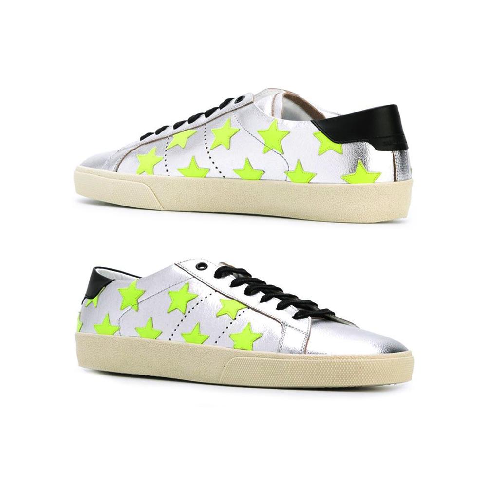 Saint Laurent Fluorescent Star Patch Silver Low-Top Sneakers