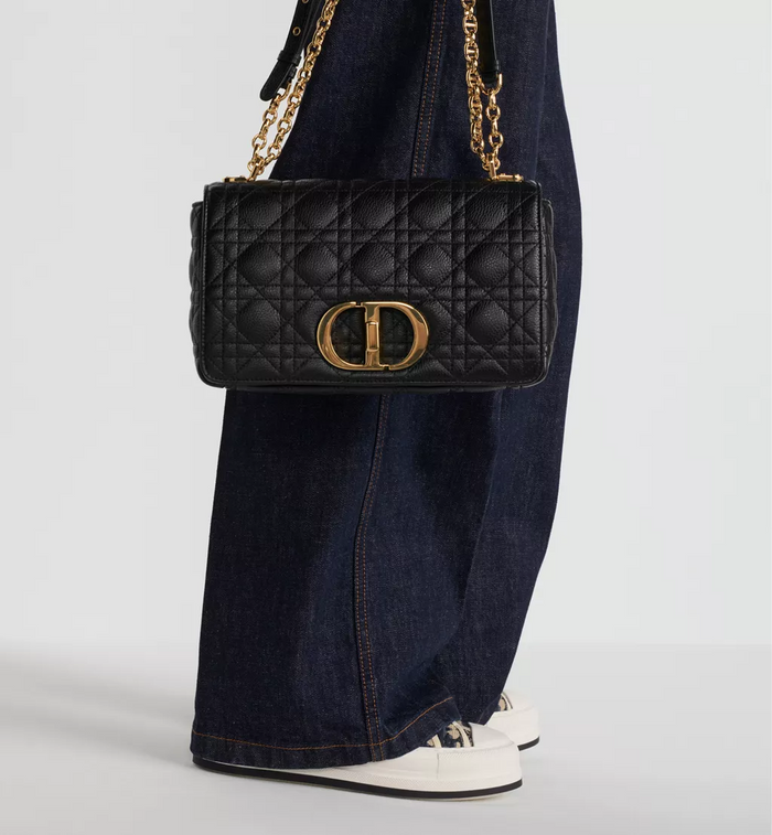 DIOR Caro Medium Tote Bag Black Cannage Gold Silver Hardware