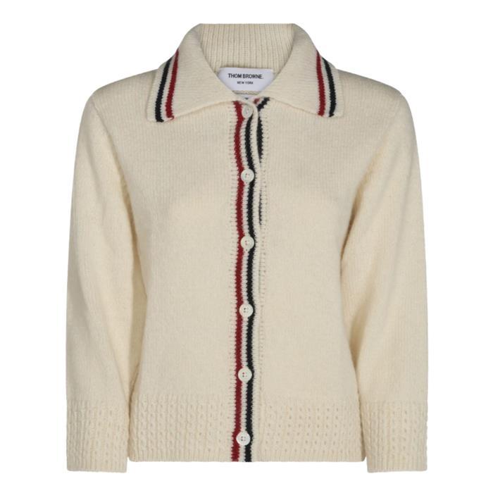 THOM BROWNE Donegal Hector Pointelle Dog Cardigan White Wool