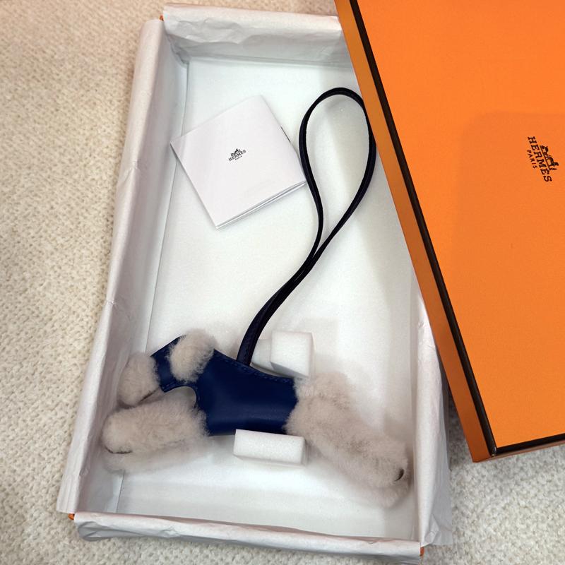 HERMES Dog Charm Merino Wool Milo Blue Keyring Unisex Accessory