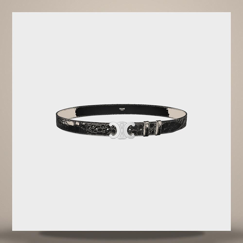 CELINE Black Crocodile-Embossed Calfskin 30mm Triomphe Belt