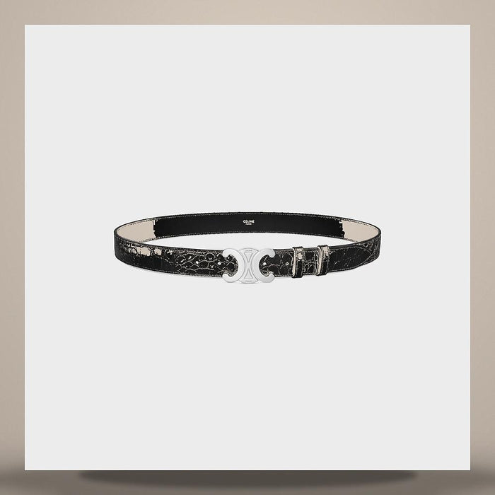 CELINE Black Crocodile-Embossed Calfskin 30mm Triomphe Belt