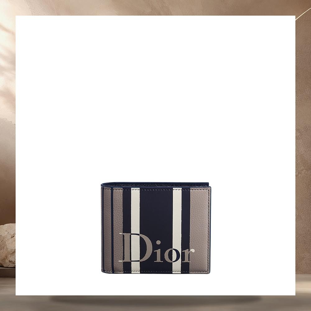 DIOR Grey Blue Stripe Calfskin Dioriviera Bifold Card Holder Wal 2ESBH096INTH058