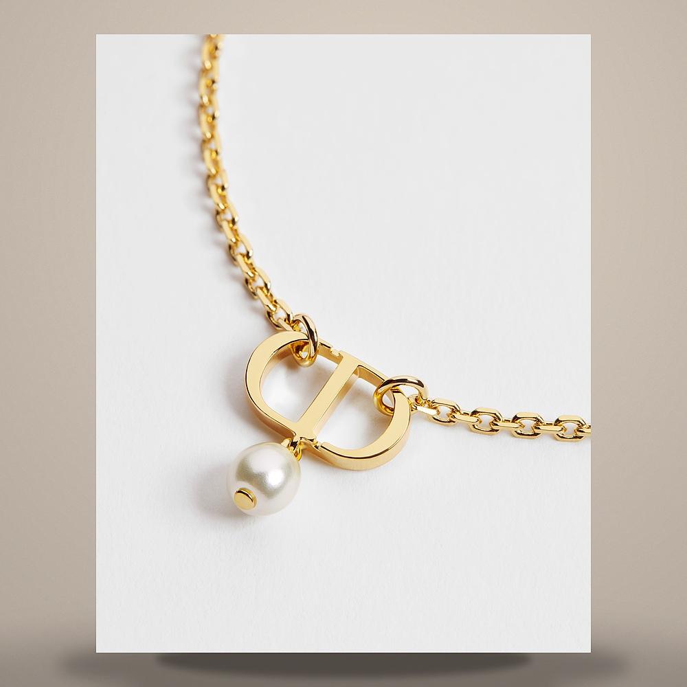 DIOR Petit CD Necklace Gold-Finish Metal with White Resin Pearls