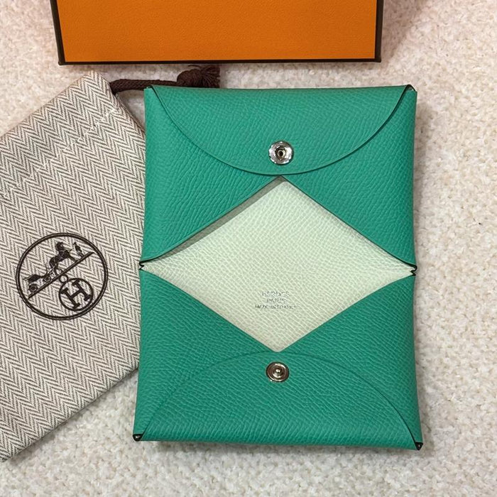 HERMES Goat Skin Palladium Calvi Verso Mint Card Holder