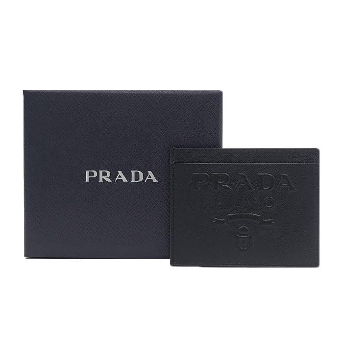 PRADA Vitello Saffiano Logo Leather Card Holder Black