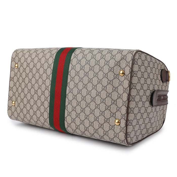 GUCCI Savoy Medium Duffle Bag Beige GG Canvas Leather Trim Tote