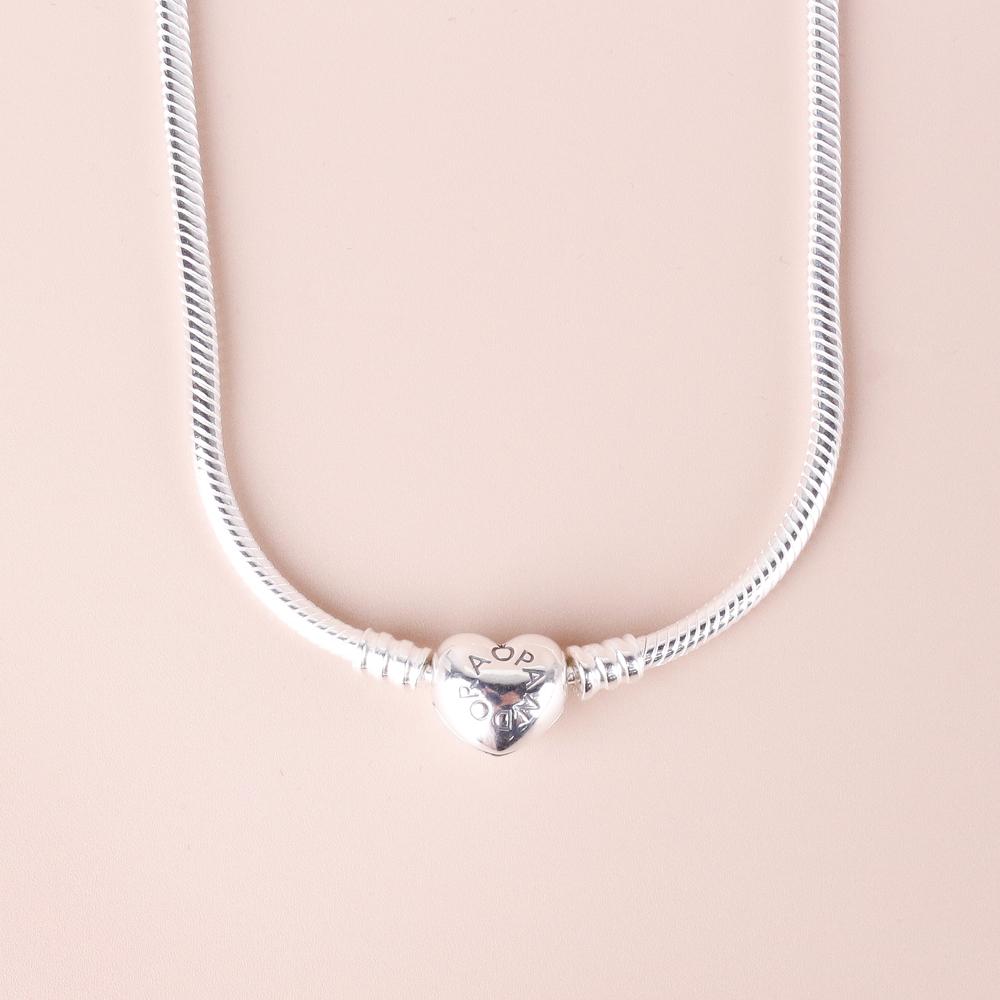 PANDORA Moments Heart Clasp Chain Necklace Silver with Case