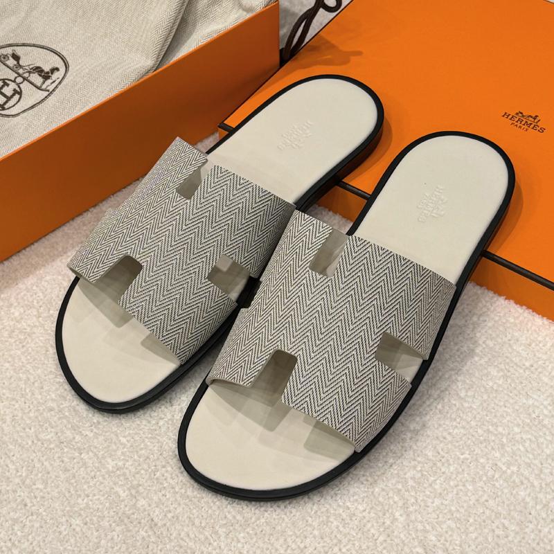HERMES Izmir Sandals White Herringbone Calfskin Men's Slippers