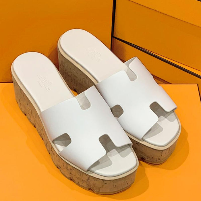 HERMES White Calfskin Suede Wedge Heel Sandals 30
