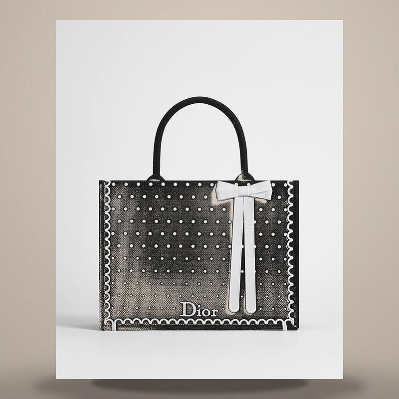 DIOR Black White PolkaDior Embroidered Book Tote Strap Bag Medium M1354PEIK M911