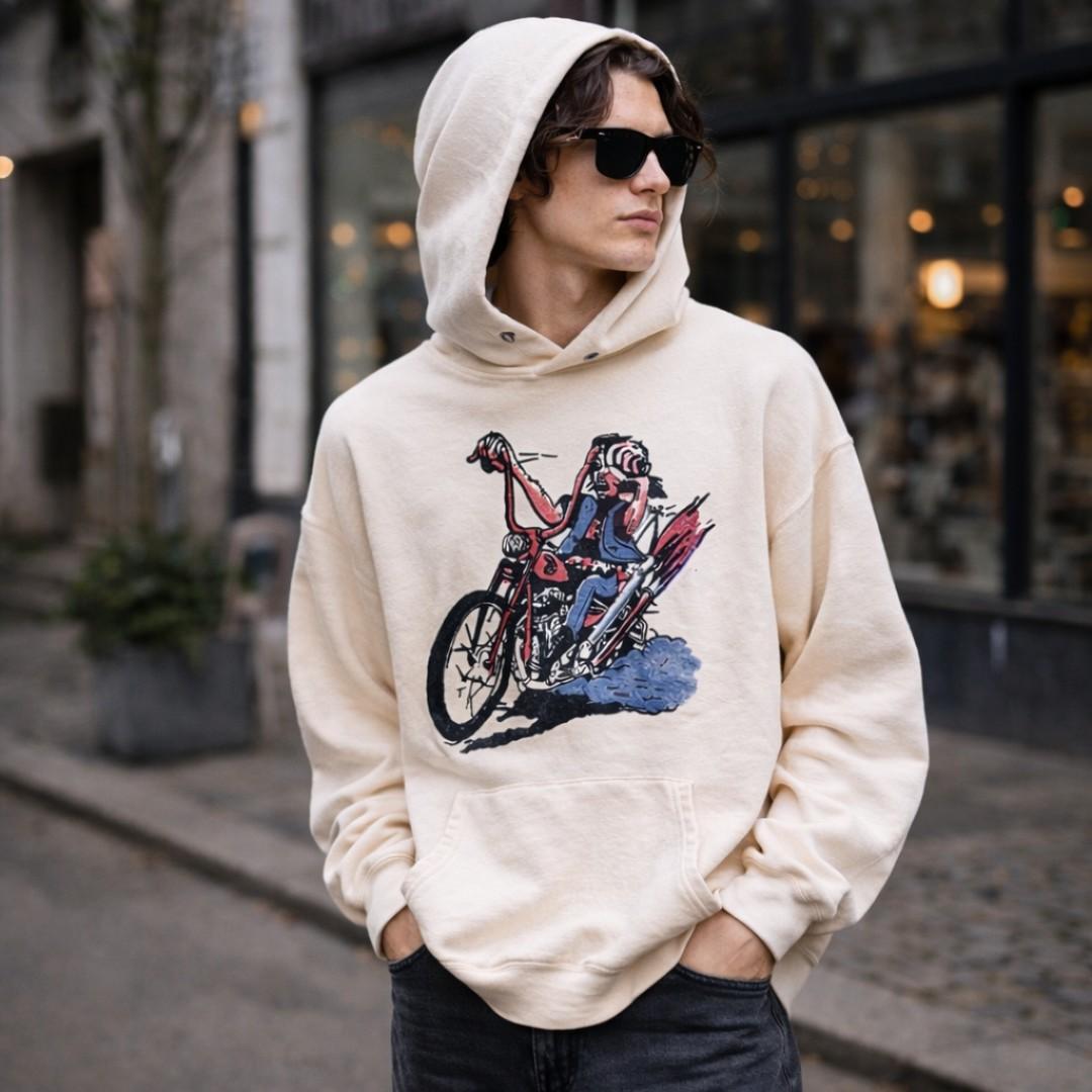Wild Donkey Ivory FC Chopper Graphic Pullover Hoodie for Men