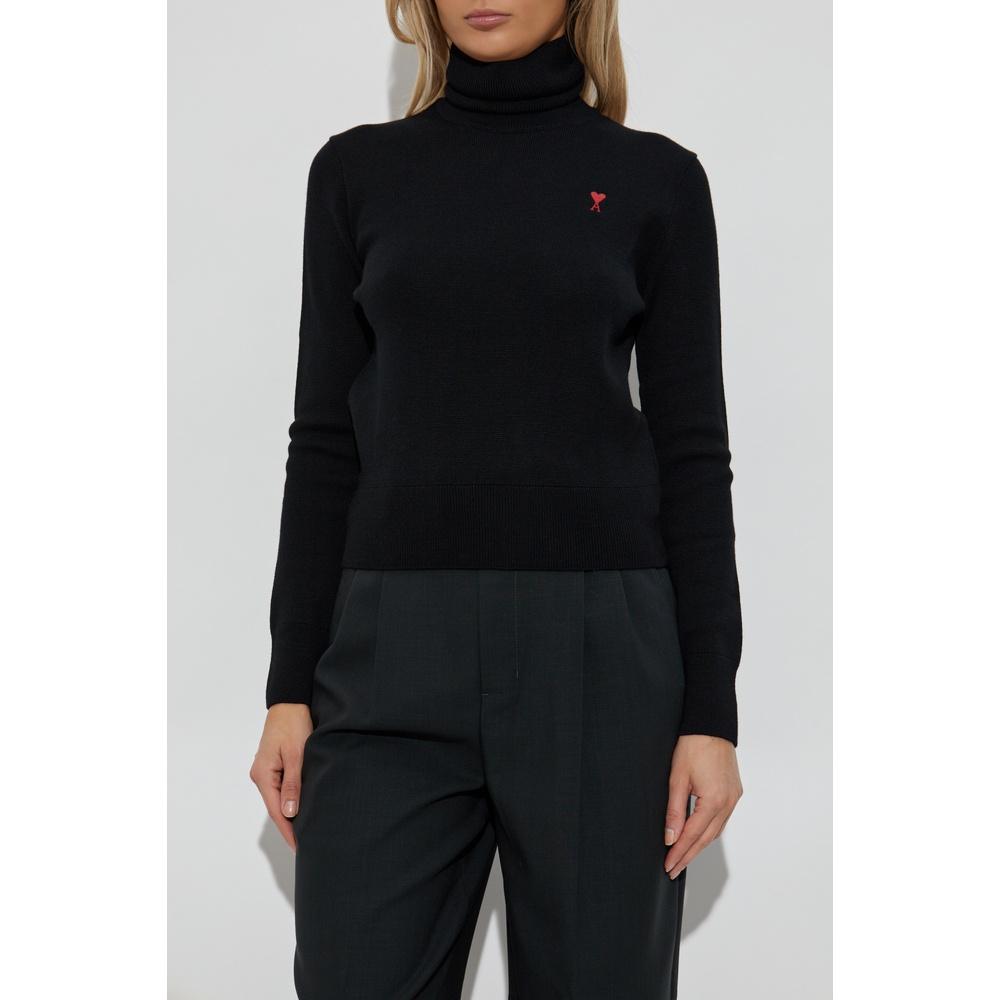 AMI Heart Logo Women’s Turtleneck Knit Sweater Black Wool