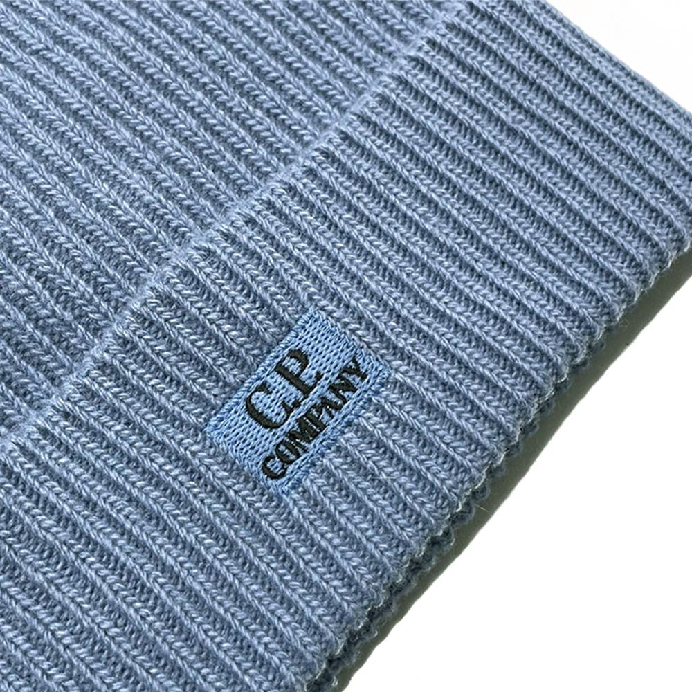 CP Company Logo Embroidered Ribbed Beanie Sky Blue