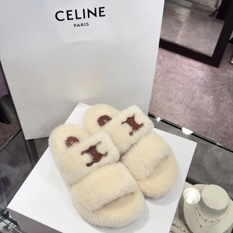 CELINE Triomphe Shearling Fur Slide Sandals Ivory Women