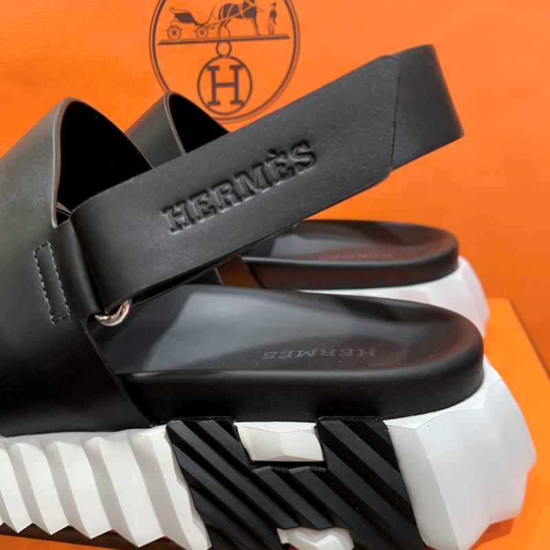HERMES Black White Calfskin Electric H Logo Slide Sandals Men