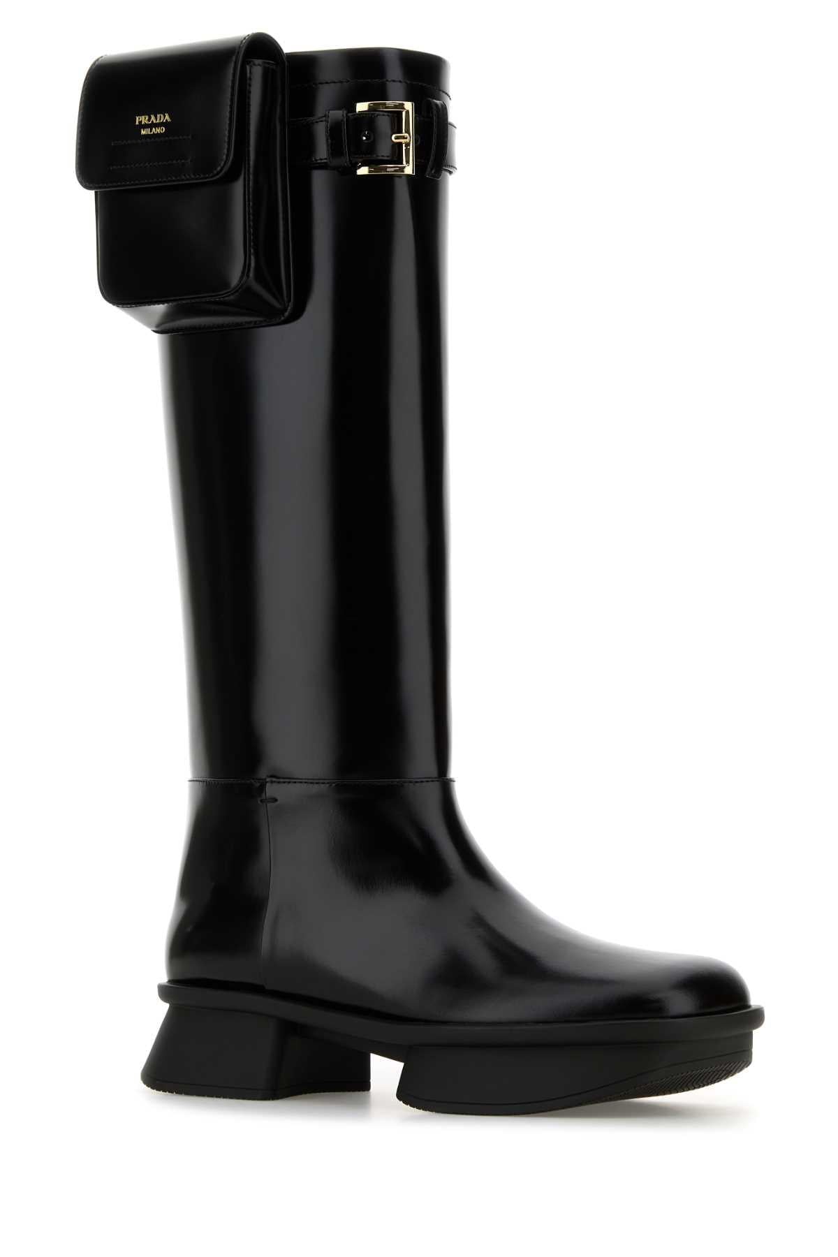 PRADA Black Leather Mid-Calf Boots