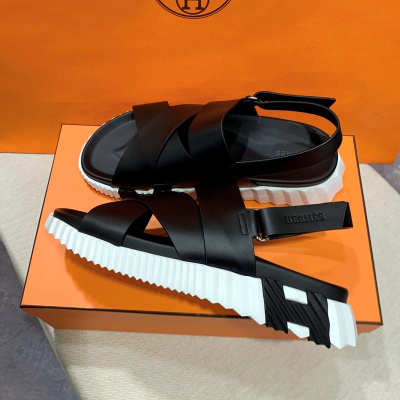 HERMES Black White Calfskin Electric H Logo Slide Sandals Men