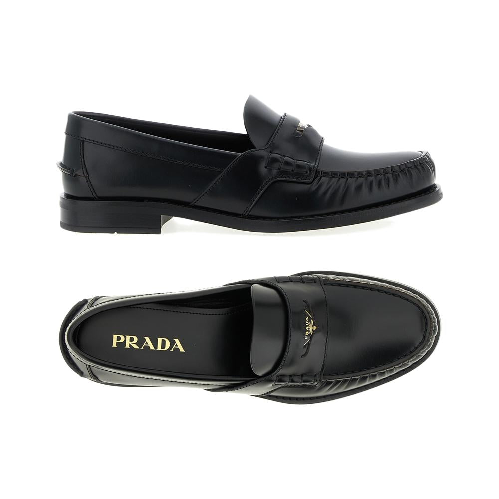 PRADA Brushed Leather Triangle Logo Penny Loafers Black