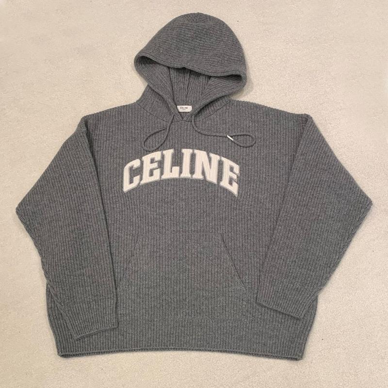 CELINE Ribbed Wool Hooded Sweater Medium Gray Unisex