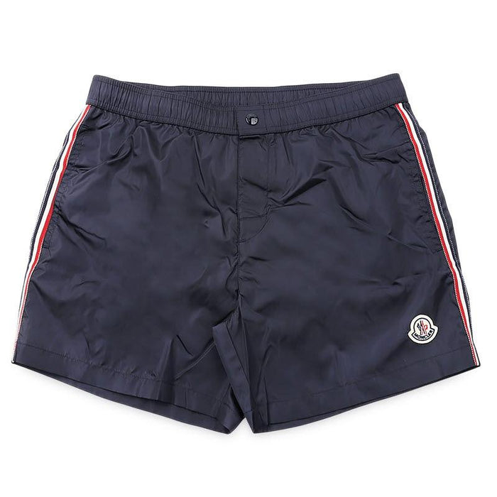 Moncler Men’s Tricolor Stripe Logo Swim Shorts Navy
