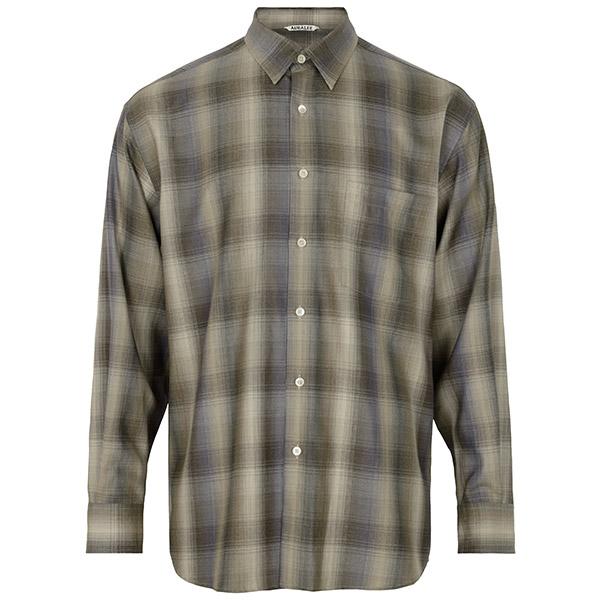 AURALEE Brown Blue Super Light Check Wool Long Sleeve A25AS01LC BROWN BLUE CHECK