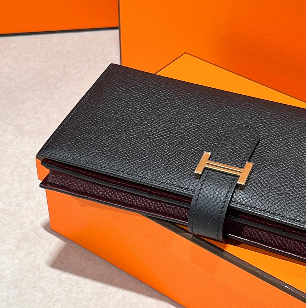 HERMES Epsom Leather Bearn Long Wallet Black Burgundy Two-Tone Gold HW