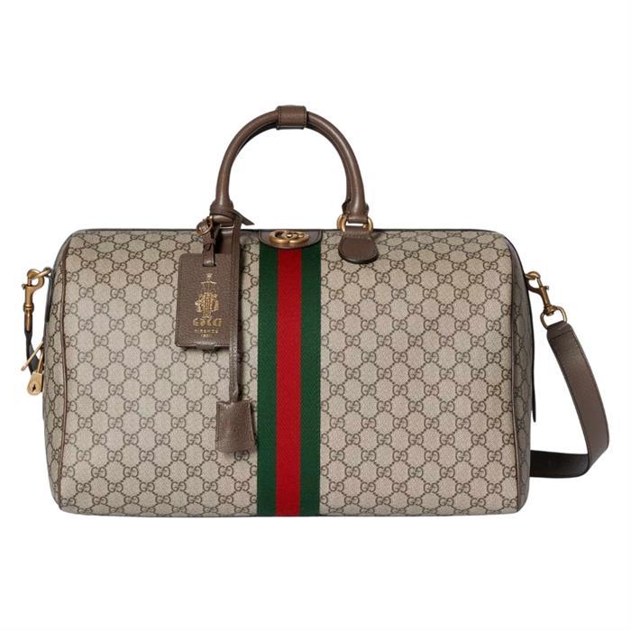 GUCCI Savoy Medium Duffel Bag Beige GG Canvas Leather Trim Crossbody