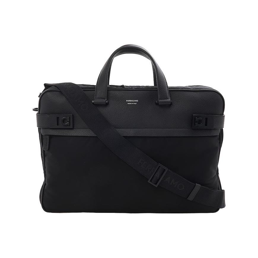 Ferragamo Black Leather Hug Buckle Briefcase Tote Bag for Men