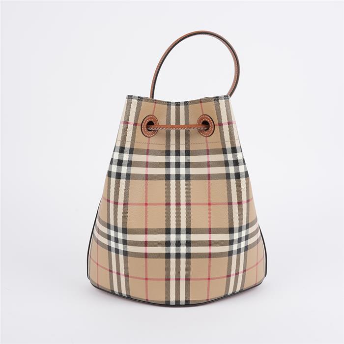 BURBERRY Small Check Leather Drawstring Bucket Bag