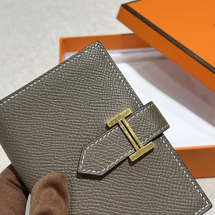 HERMES Etoupe Leather Béarn Compact Card Holder Wallet Gold Hardware