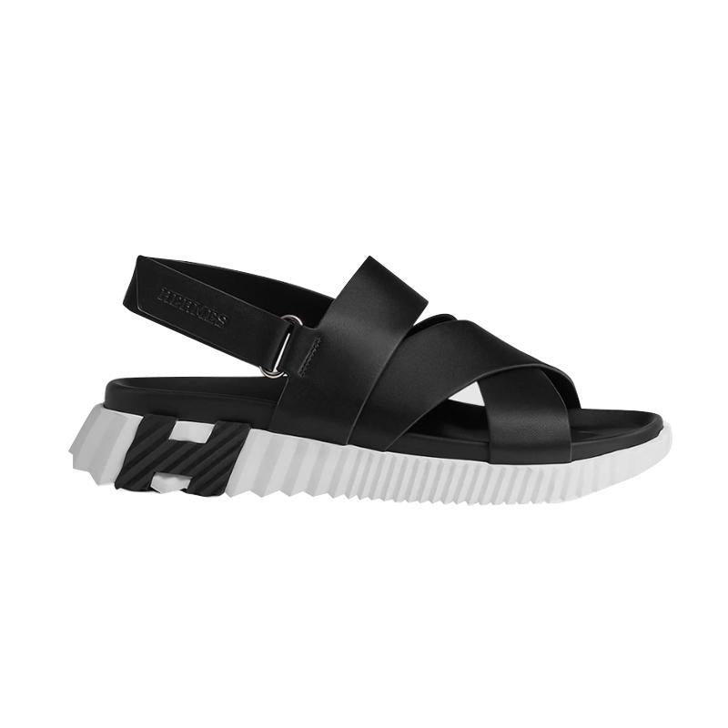 HERMES Black White Calfskin Electric H Logo Slide Sandals Men