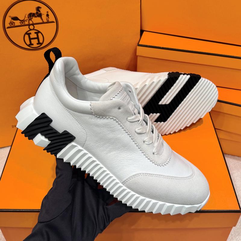 HERMES White Leather Bouncing Low-Top Sneakers with Black H Logo