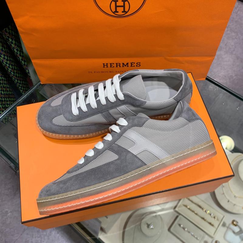 HERMES Men’s Boomerang Mesh Calfskin Low-Top Sneakers Dark Gray
