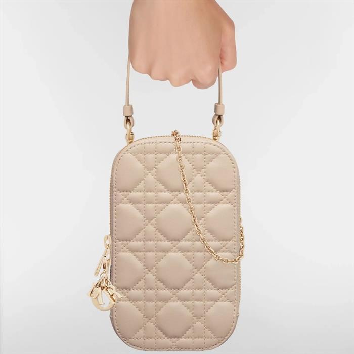 DIOR Lady Dior Calfskin Phone Holder Shoulder Bag Pink
