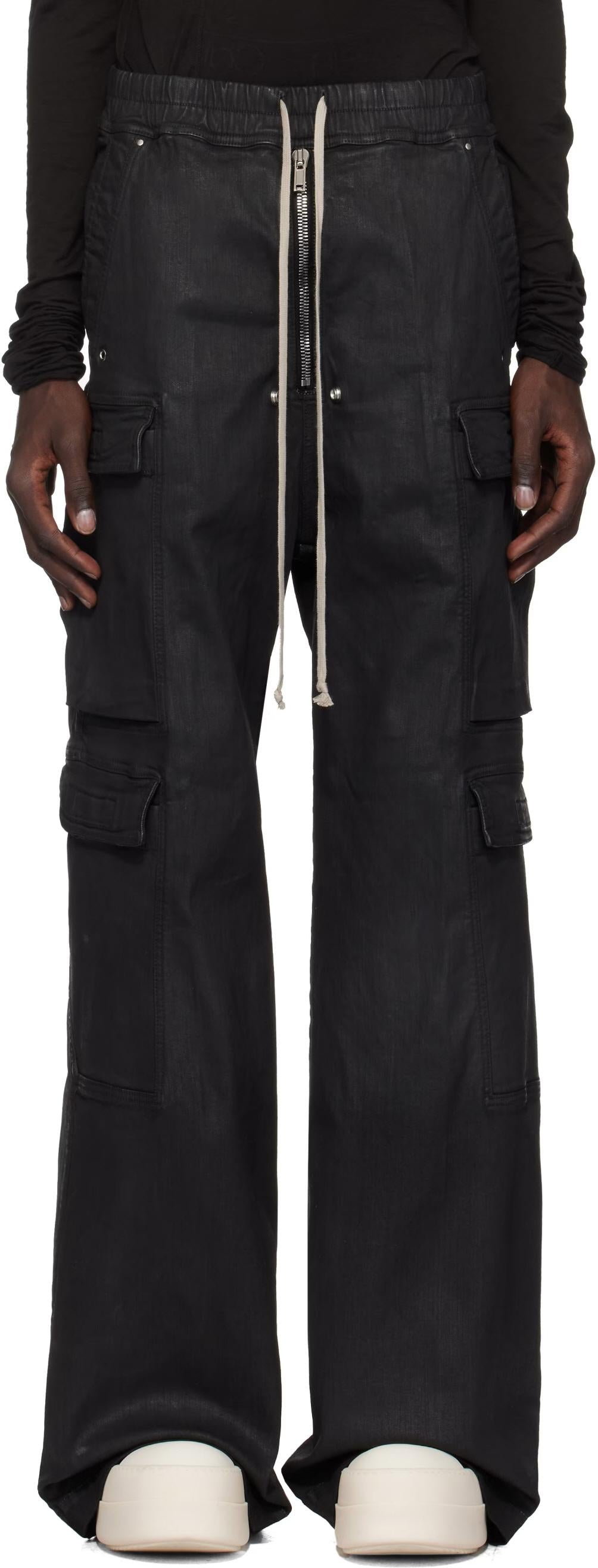 Rick Owens DRKSHDW Black Wax Stretch Denim Double Cargo Jumbo Belas Pants