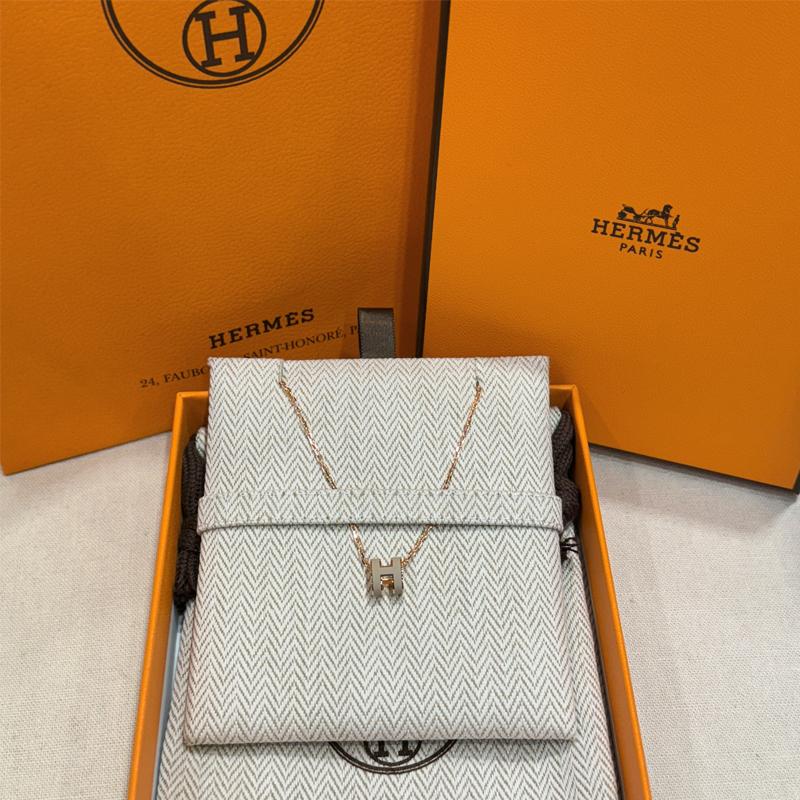 HERMES Mini Pop H Necklace Beige Rose Gold Pendant Necklace