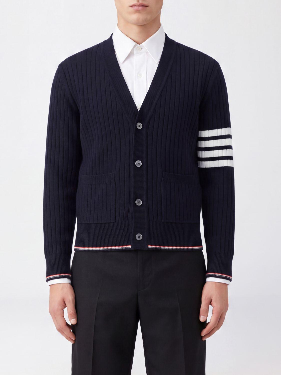 THOM BROWNE Navy Wool Cardigan for Men